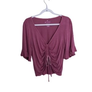American Eagle Soft & Sexy Mauve V Neck Shirt w/ Cinching and Ruffles Size XL